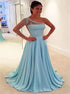 Blue Chiffon Beadings One Shoulder Prom Dress LBQ1398